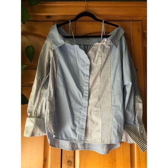 Mo & Co Fashion Striped Patchwork Cut Shoulder Shirt SZ L - Picture 2 of 9